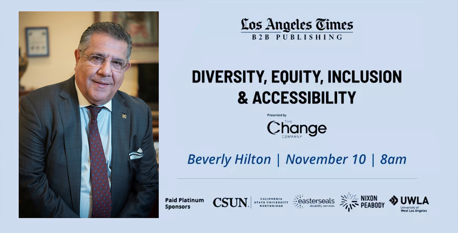 An article highlight banner with a photo of Dr. Mashi Rahmani on the left and text to the right of the photo that reads: Los Angeles Times B2B Publishing, Diversity, Equity, and Inclusion, presented by The Change Company, Beverly Hilton | November 10 | 8 AM