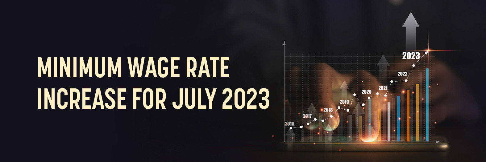 A rendering of a bar graph steadily increasing year after year with text to the left of it that reads: minimum wage rate increase for July 2023